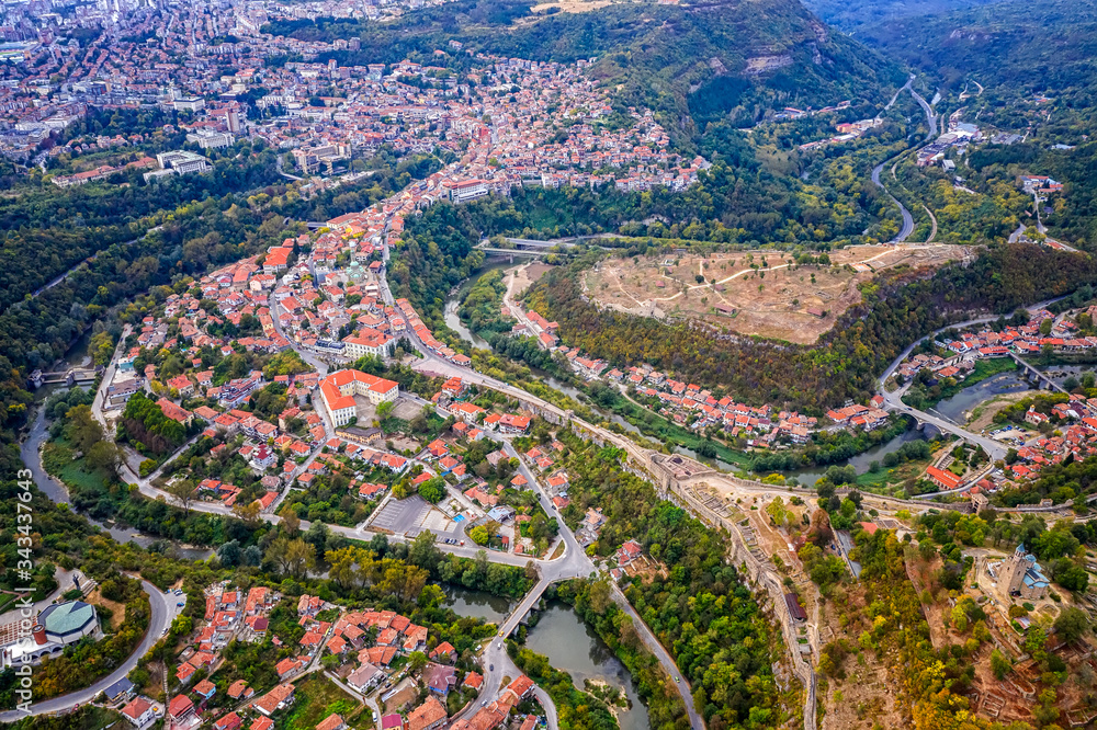 Aerial view from drone of the city and curves of river Yantra, Veliko Tarnovo, Bulgaria