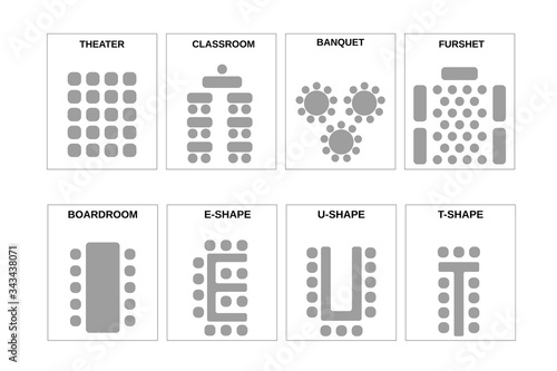 A set of schemes for arranging seats. The chairs and the tables in meeting rooms, conference halls and other places. Vector. photo