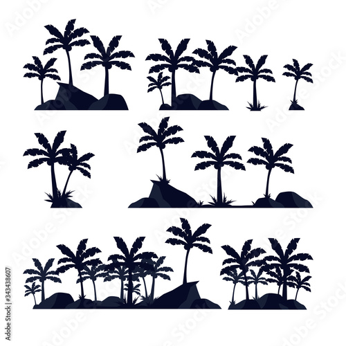 Silhouette of palm trees, tropical plants and stones. Vector constructor - silhouette of palm trees. A selection of black palm tree silhouettes. Vector illustration.