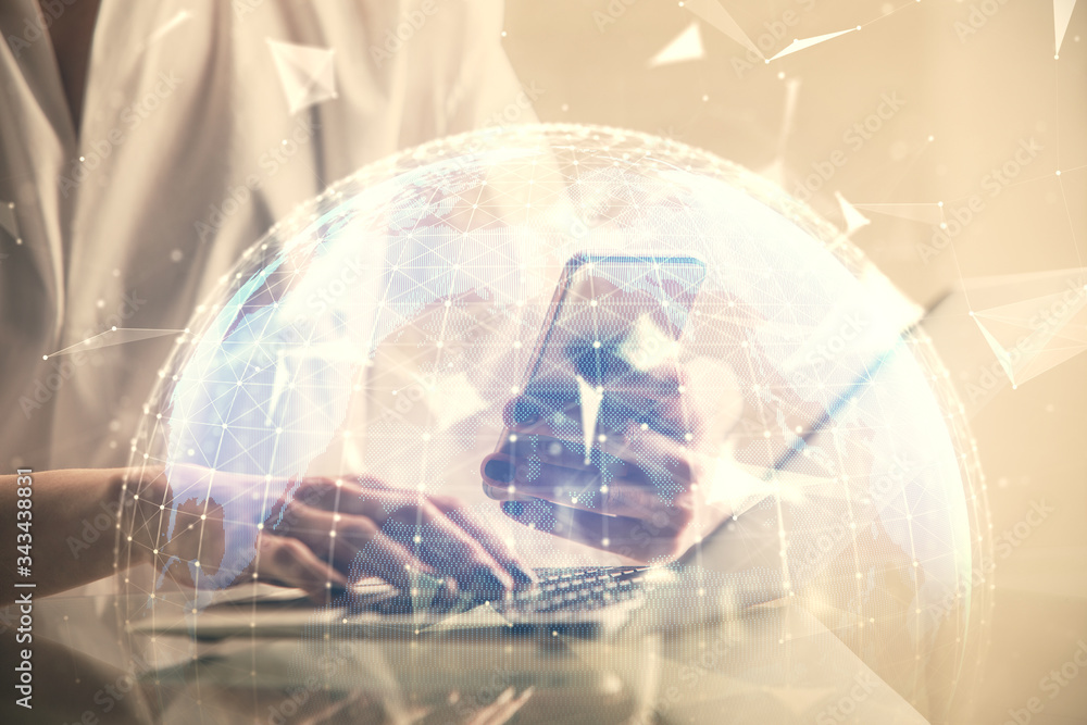 Double exposure of business theme sketch hologram and woman holding and using a mobile device. Double exposure of business theme sketch hologram and woman holding and using a mobile device.