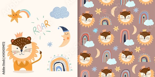 Childish set with seamless pattern and card design with cute elements, lion, moon, rainbow, clouds, vector design