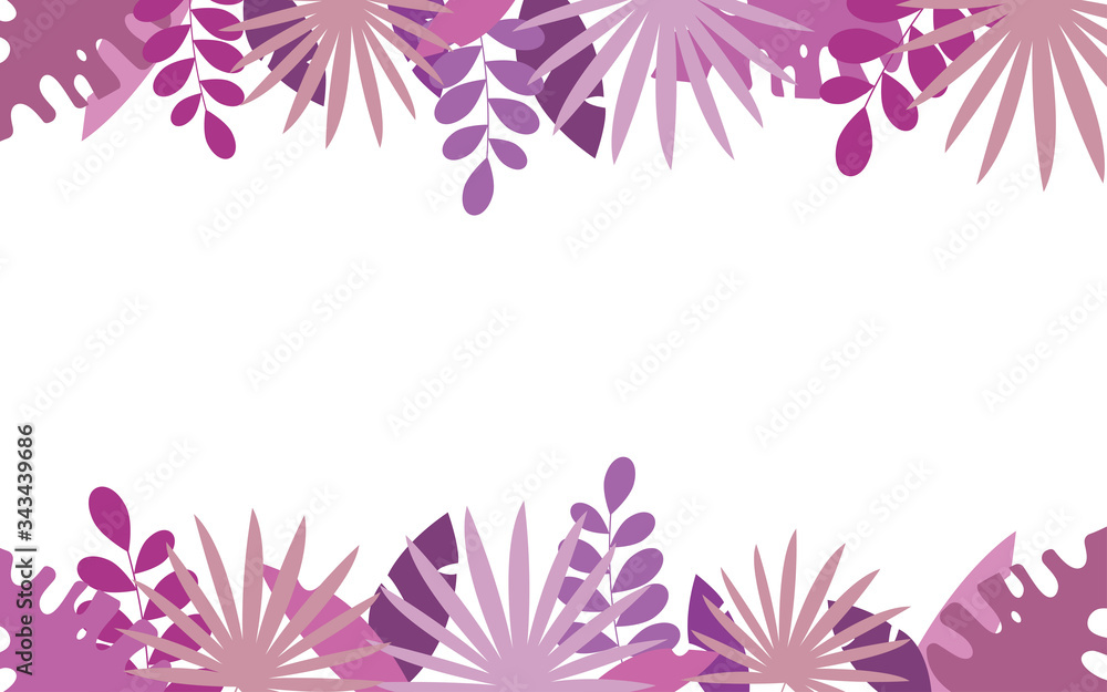 Different tropical pink leaves on white isolated background. Horizontal floral frame. Suitable for social networks, banners, invitation. Different tropical pink leaves on white isolated background. Horizontal floral frame. Suitable for social networks, banners, invitation.