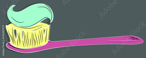 Toothbrush with colored toothpaste, care for the oral cavity and teeth, vector. The teethbrush is hand drawn with paste.