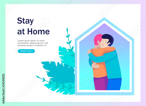Stay at home concept of coronavirus prevention, awareness social media campaign. People and family on quarantine staying together at home. Protection and revention of 2019-nCoV. Banner, landing