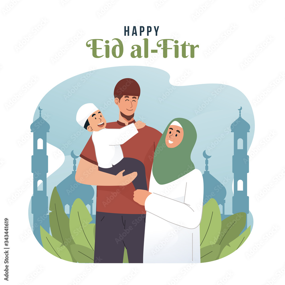 Happy muslim man with his son and his wife. Eid mubarak flat cartoon  character illustration Stock Vector | Adobe Stock