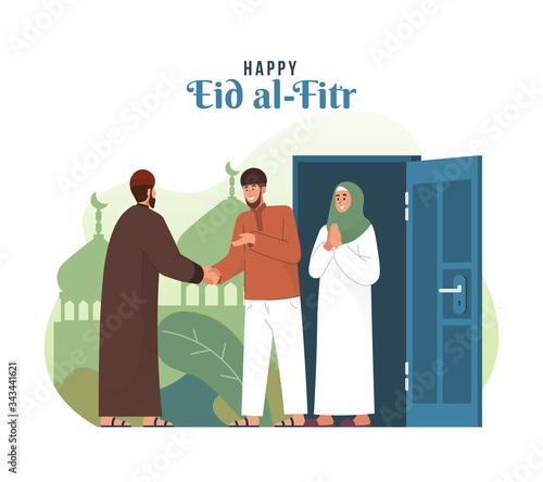 Muslim man shaking hands and celebrating Eid al-fitr. Eid mubarak flat cartoon character illustration
