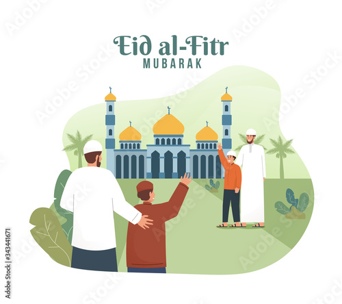 Muslim people are going to mosque while greeting each other. Eid mubarak flat cartoon character illustration