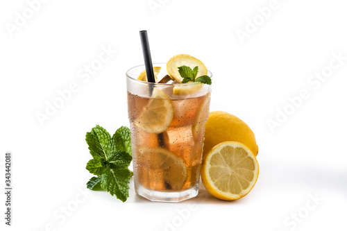 Iced tea drink with lemon in glass isolated on white background	