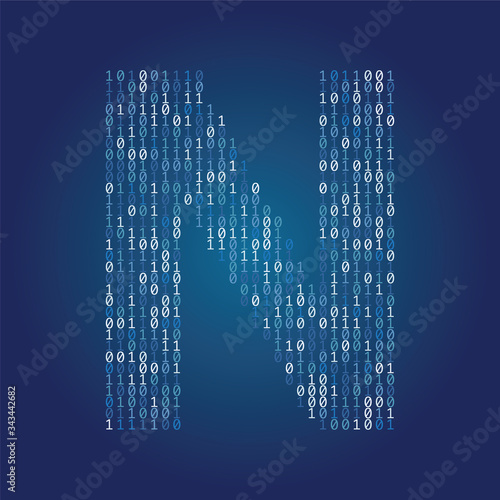 Letter N font made from binary code digits on a dark blue background