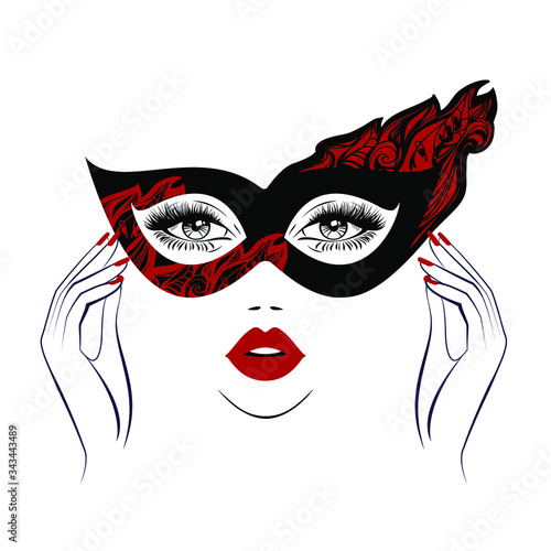 Beautiful woman face with red lips in black and red mask with floral motifs, lush eyelashes, hand with red manicure nails. Beauty Logo. Nails studio art. Vector illustration. Party carnival mask.