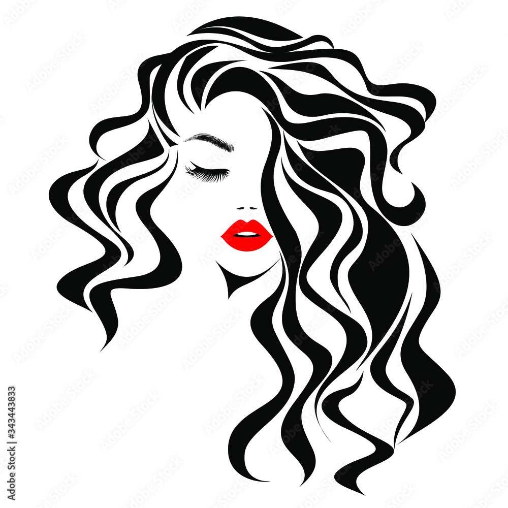 Beautiful sexy woman face, red lips, curly black hair style, fashion  hairdresser, element design, spa salon. Beauty Logo. Vector illustration.  Isolated on white. Stock Vector | Adobe Stock