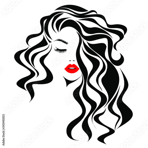 Beautiful sexy woman face, red lips, curly black hair style, fashion hairdresser, element design, spa salon. Beauty Logo. Vector illustration. Isolated on white.