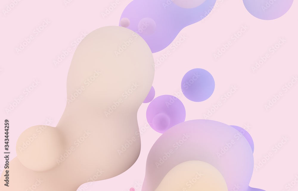 Abstract 3d art background. Holographic pastel floating liquid blobs, soap bubbles, metaballs.