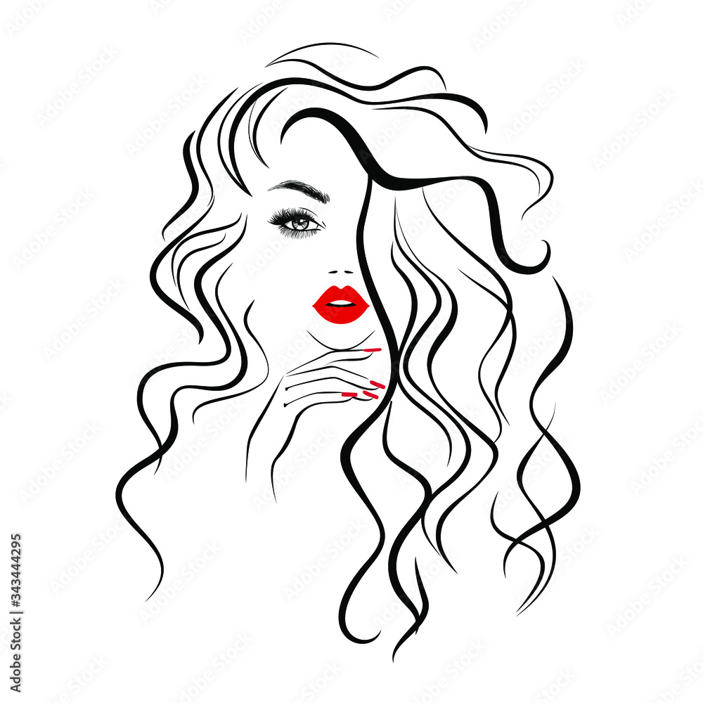 Beautiful sexy face, red lips, hand with red manicure nails, fashion woman, element design, nails studio, curly hairstyle, hair salon sign, icon. Beauty Logo. Vector illustration. Hand drawing style. Beautiful sexy face, red lips, hand with red manicure nails, fashion woman, element design, nails studio, curly hairstyle, hair salon sign, icon. Beauty Logo. Vector illustration. Hand drawing style.