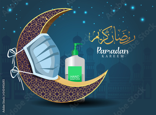 crescent, sanitizer, mask, protect corona or covid-19 virus concept for the Muslim feast of the holy month of Ramadan Kareem or Eid Mubarak Design Background.