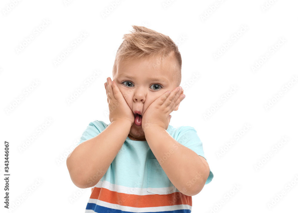 Cute little boy posing on white background