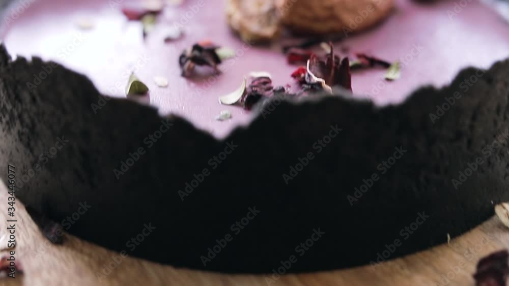 Cheesecake with apples cinnamon and berries. Camera movement. Slow motion Cheesecake with apples cinnamon and berries. Camera movement. Slow motion