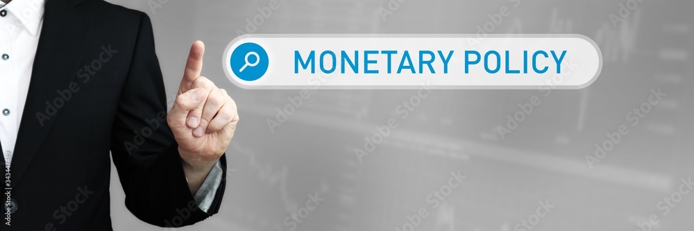 Fototapeta premium Monetary Policy. Man in a suit points a finger at a search box. The word Monetary Policy is in the search. Symbol for business, finance, statistics, analysis, economy