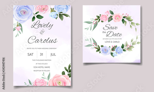 Wedding invitation card set template with beautiful floral frame