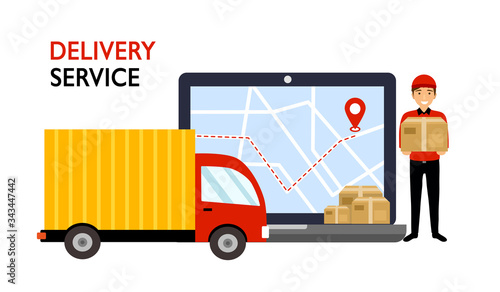 Online delivery service concept vector illustration. Order tracking via computer and internet. Design for web, landing page, banner, poster. Logistic process and delivery man.