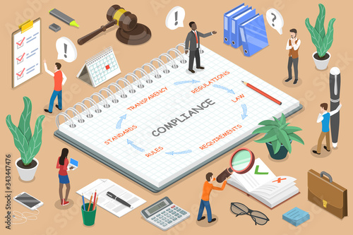 Regulatory Compliance 3D Flat Isometric Vector Concept. Business People Are Discussing Steps to Comply With Relevant Laws, Policies, and Regulations.