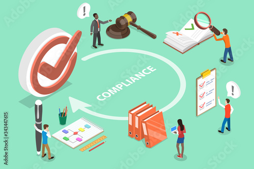 3D Isometric Flat Vector Concept of Regulatory Compliance, Business People Are Discussing Steps to Comply With Relevant Laws, Policies, and Regulations.