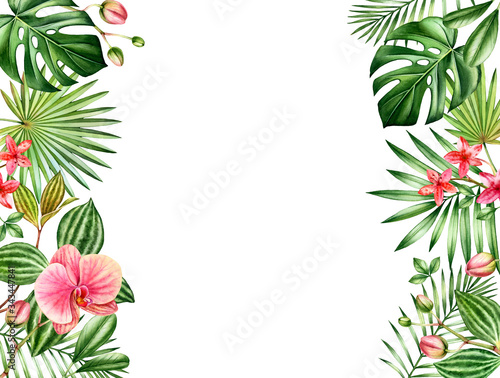 Watercolor floral background. Horizontal frame with place for text. Floral borders on the sides. Red orchid flowers and palm  monstera leaves. Botanical tropical illustrations isolated on white