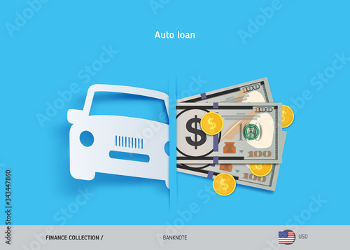 Car loan concept. 100 US Dollar banknotes and gold coins . Flat style vector illustration.