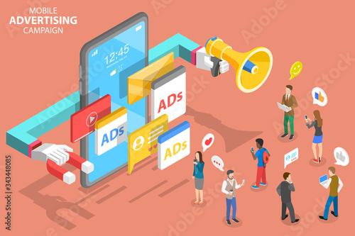 3D Isometric Flat Vector Concept of Mobile Advertising, Social Media Campaign, Digital Marketing.