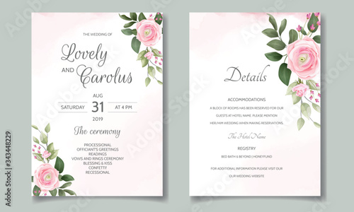 Wedding invitation card set template with beautiful floral frame