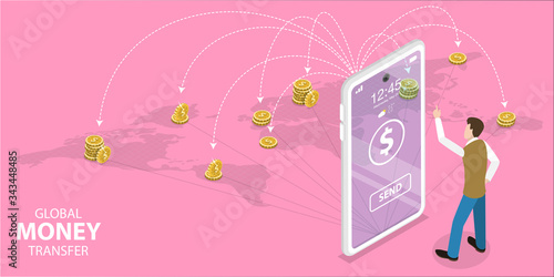 3D Isometric Flat Vector Concept of Money Transfer Mobile App, Sending Money Around the World, Online Banking, Financial Transaction.