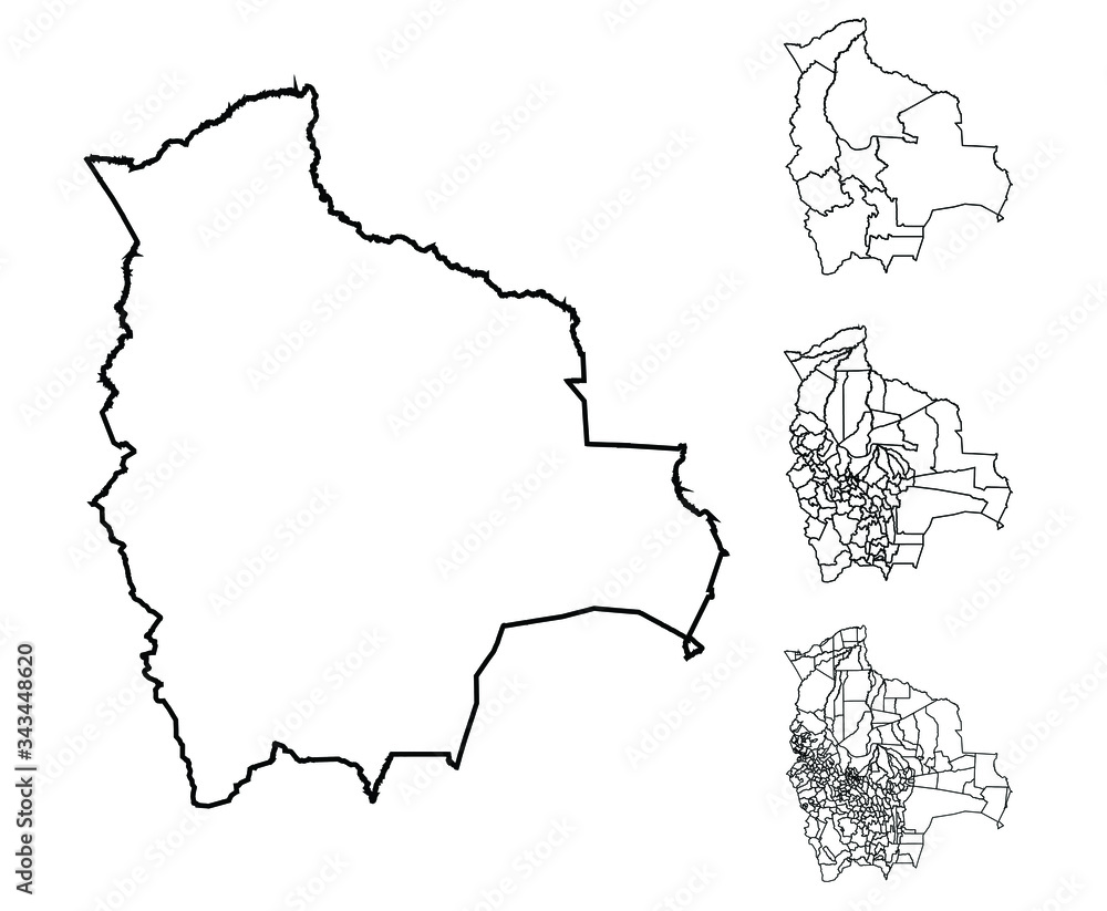 Bolivia outline map vector with administrative borders, regions, municipalities, departments in black white colors