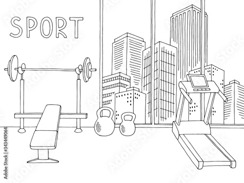 Gym interior sport club graphic black white sketch illustration vector