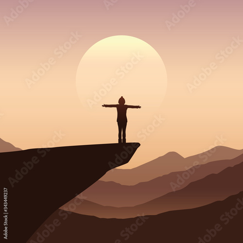 girl with raised arms on a cliff silhouette with mountain background vector illustration EPS10