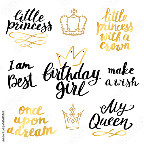 Princess Birthday party text set. Hand drawn doodle Print collection. Trendy golden inscription. Girly lettering design for t-shirt prints, invitations or posters. Vintage vector illustration