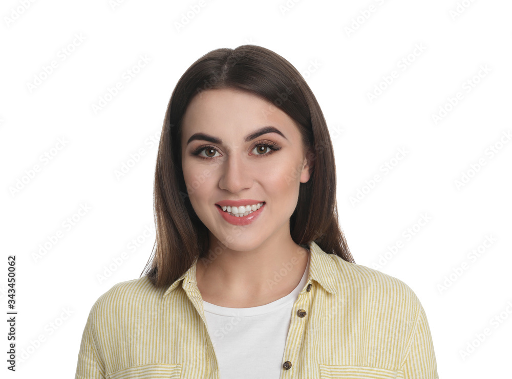 Portrait of happy young woman on white background
