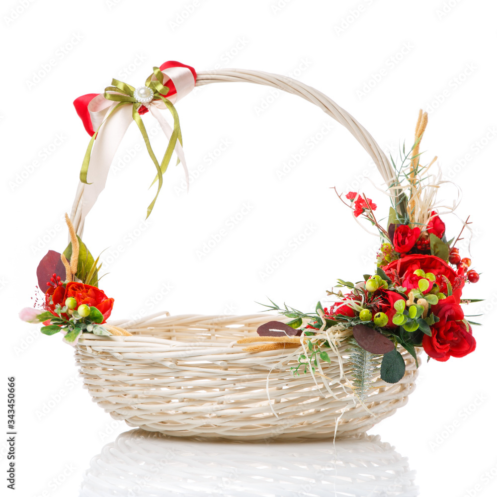 Round white basket with red decor. Easter basket