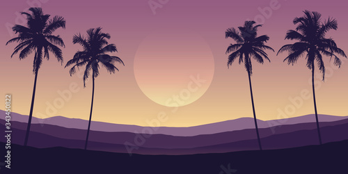 Fototapeta Naklejka Na Ścianę i Meble -  beautiful palm tree silhouette mountain landscape in purple colors vector illustration EPS10