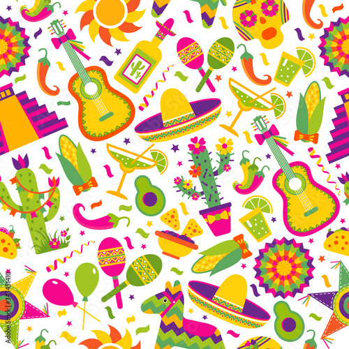 Seamless vector pattern with mexican elements - guitar  sombrero  tequila  taco  skull on white. Perfect artistic background for your design.