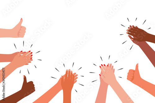 Applause and like group of people. Hands multicultural clap. Congratulations, cheering, thanksgiving, thanks, good, best, winner. Vector illustration