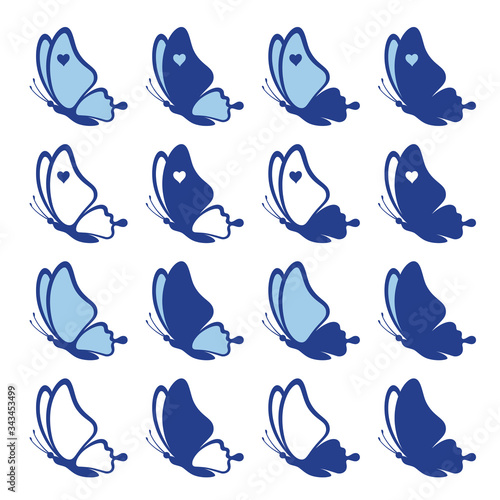 Canvas Print Set of pretty blue butterflies with hearts isolated on a white background