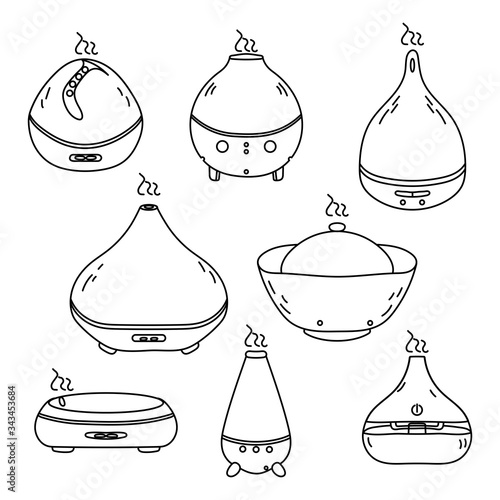 Set of air humidifier with steam jet outline icon. Electronic device for wetting indoor air. Illustration for fight against dry skin. Vector illustration isolated on white background.