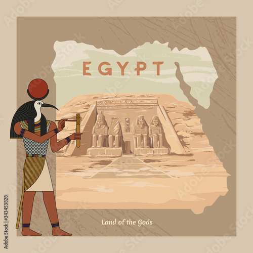 The ancient Egyptian god Ra painted against the background of the map of Egypt with pyramids.
