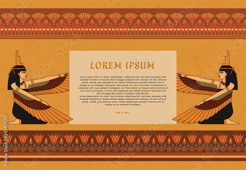 Pattern leaflets in Egyptian style with an illustration of the goddess of ancient Egypt Isis with a place for text