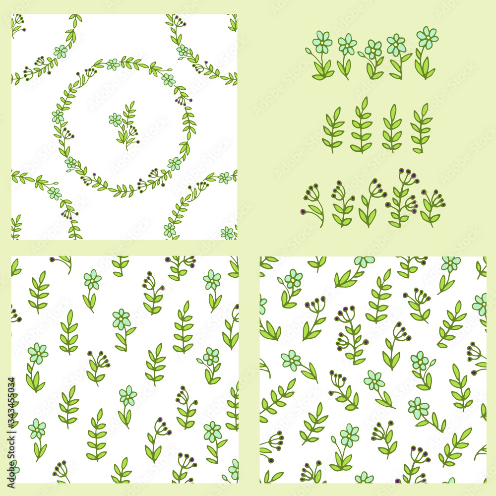 Vector set: seamless patterns and simple elements for floral design. Hand drawn linen flowers , green leaves and berries. Pretty vintage style , minimalism. For textile , wrapping paper.