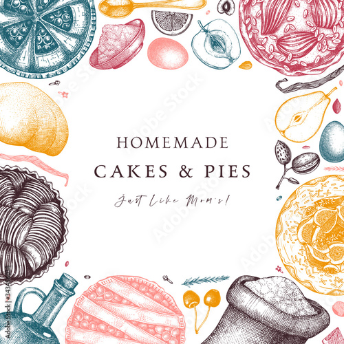 Fruit and berry desserts cooking process frame. Hand drawn baking cakes, pies, dough, kitchen stuff, ingredients design. Homemade fruits dessert recipe book template.