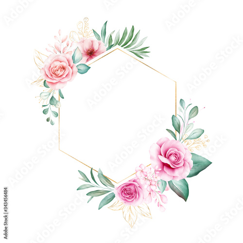 Watercolor floral frame. Botanic decoration illustration of roses and gold leaves. Botanic composition for wedding or greeting card design isolated background