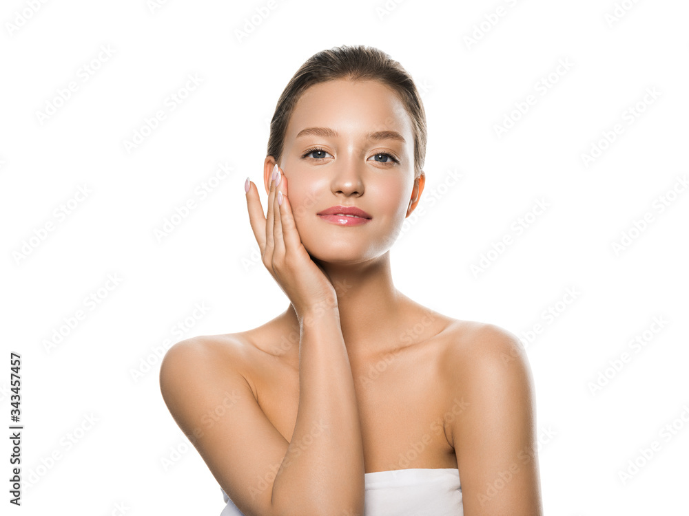 Beauty woman hand manicure nails touching face healthy skin natural beauty make up clean fresh skin isolated on white Beauty woman hand manicure nails touching face healthy skin natural beauty make up clean fresh skin isolated on white