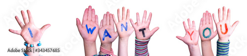 Fotografie Children Hands Building Colorful Word I Want You