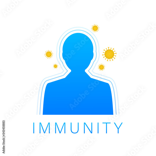 Immune system concept. Medical shield surrounded by viruses and bacterium. Vector stock illustration.